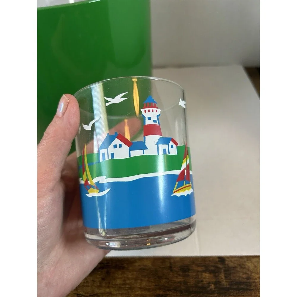 Vintage Shelton Ware Ice Bucket Set Green 4 Sailboat Plastic Tumblers Nautical